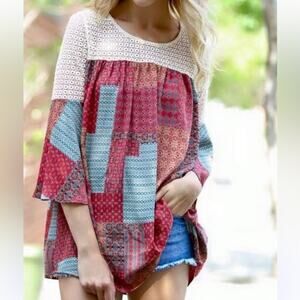 My Story Tunic Top Womens L Multicolor Lace Flare Sleeve Boho Cottagecore Hippie